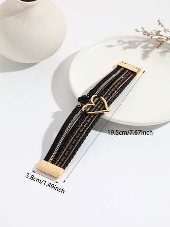 Bohemian Braided Leather Bracelet, Multi-layer Design with Metal and Crystal Accents, Rose Gold Square Clasp with Heart Crystal, Embodying Casual Romantic Exotic Charm.(khaki)
