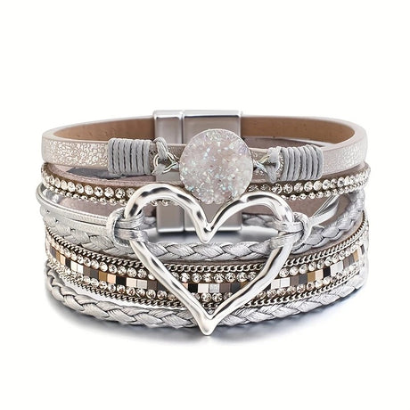 Bohemian Braided Leather Bracelet, Multi-layer Design with Metal and Crystal Accents, Rose Gold Square Clasp with Heart Crystal, Embodying Casual Romantic Exotic Charm.(RED)