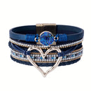 Bohemian Braided Leather Bracelet, Multi-layer Design with Metal and Crystal Accents, Rose Gold Square Clasp with Heart Crystal, Embodying Casual Romantic Exotic Charm.(silver)