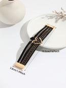 Bohemian Braided Leather Bracelet, Multi-layer Design with Metal and Crystal Accents, Rose Gold Square Clasp with Heart Crystal, Embodying Casual Romantic Exotic Charm.(silver)