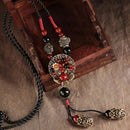 Bohemian style long necklace featuring retro beads and metal carved flowers with elegant dangling tassels adjustable 86cm chain suitable for pairing with sweaters and dresses perfect for daily wear or holiday occasions