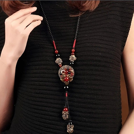 Bohemian style long necklace featuring retro beads and metal carved flowers with elegant dangling tassels adjustable 86cm chain suitable for pairing with sweaters and dresses perfect for daily wear or holiday occasions