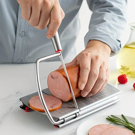 Stainless steel multi-function slicer, precise for even slicing, silicone suction cup for anti-slip stability, sharp blade for smooth cutting, a practical kitchen and baking tool