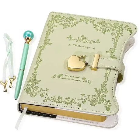 Heart-shaped lock diary with pen, lock & key. B6, 360 pages, garden style for all genders. One key locks your secret — a perfect gift for any occasion./GREEN