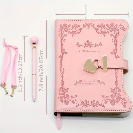 Heart-shaped lock diary with pen, lock & key. B6, 360 pages, garden style for all genders. One key locks your secret — a perfect gift for any occasion./GREEN