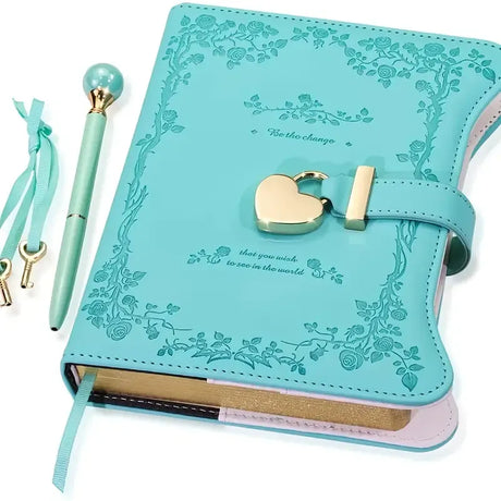 Heart-shaped lock diary with pen, lock & key. B6, 360 pages, garden style for all genders. One key locks your secret — a perfect gift for any occasion./GREEN
