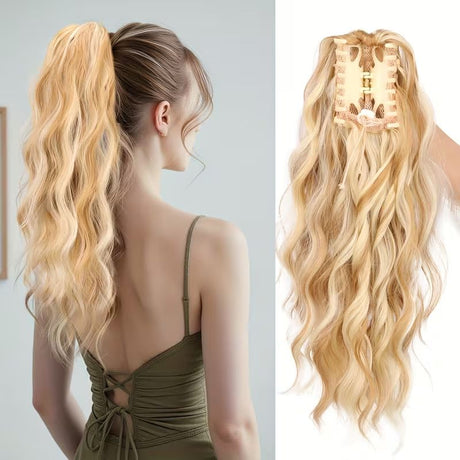 Water wave curly hair clip-in ponytail wig, made of high-heat-resistant synthetic material. Perfect for daily wear to add volume, ideal for holiday celebrations and Halloween parties.（Mixed color 18H613）