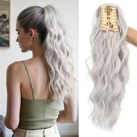 Water wave curly hair clip-in ponytail wig, made of high-heat-resistant synthetic material. Perfect for daily wear to add volume, ideal for holiday celebrations and Halloween parties.（Mixed color 18H613）