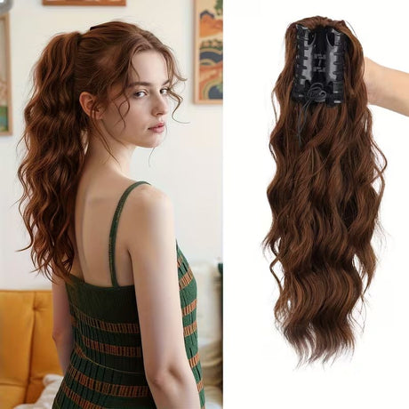 Water wave curly hair clip-in ponytail wig, made of high-heat-resistant synthetic material. Perfect for daily wear to add volume, ideal for holiday celebrations and Halloween parties.（Mixed color 18H613）