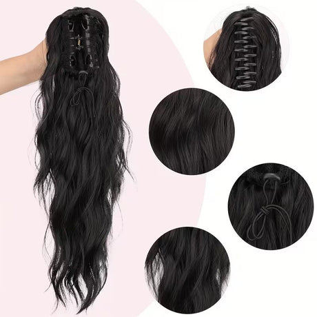Water wave curly hair clip-in ponytail wig, made of high-heat-resistant synthetic material. Perfect for daily wear to add volume, ideal for holiday celebrations and Halloween parties.（Mixed color 18H613）