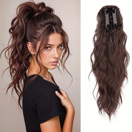 Water wave curly hair clip-in ponytail wig, made of high-heat-resistant synthetic material. Perfect for daily wear to add volume, ideal for holiday celebrations and Halloween parties.（Mixed color 18H613）