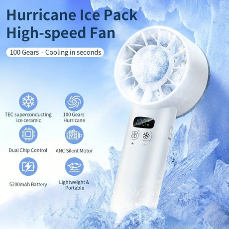 Hurricane Ice-Bag High-Speed Fan｜100-Speed Adjustable, Second-Level Cooling, Lightweight and Portable Summer Travel Essential.BLACK