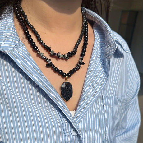 Vintage Double-Layer Hand-Strung Turquoise Necklace, Bohemian-Style Crackle Pendant for Protection and Elegance