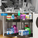 BLACK Two-tier pull-out storage rack. An organizational lifesaver for under the kitchen sink. Features adjustable shelves for easy storage of bottles and jars. In a sleek, modern design. Perfect as a kitchen shelf, bathroom organizer, or household storage