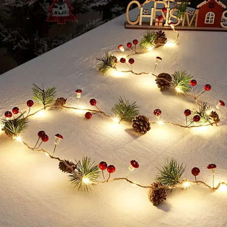Christmas Forest-Style Decorative String Light | 200cm, 20 Warm White LEDs, Adorned with Pine Needles, Pinecones & Red Berries, Battery-Powered (Batteries Not Included), Hang Anywhere, Creates a Cozy Holiday Atmosphere