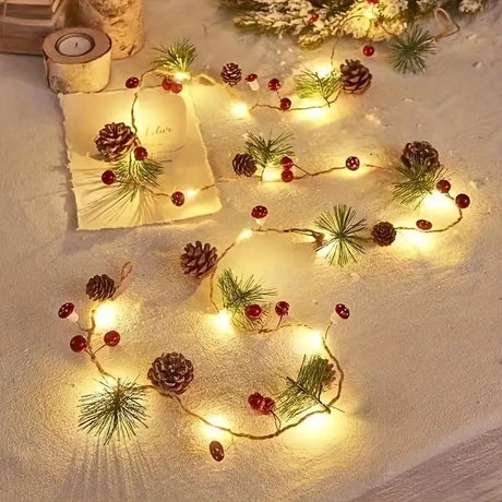 Christmas Forest-Style Decorative String Light | 200cm, 20 Warm White LEDs, Adorned with Pine Needles, Pinecones & Red Berries, Battery-Powered (Batteries Not Included), Hang Anywhere, Creates a Cozy Holiday Atmosphere