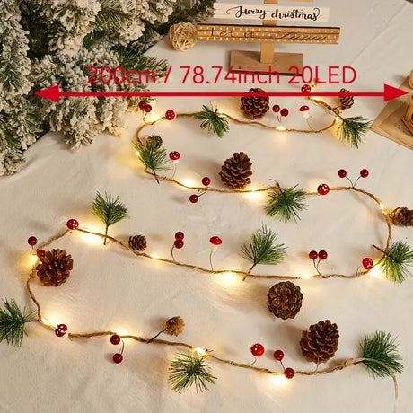 Christmas Forest-Style Decorative String Light | 200cm, 20 Warm White LEDs, Adorned with Pine Needles, Pinecones & Red Berries, Battery-Powered (Batteries Not Included), Hang Anywhere, Creates a Cozy Holiday Atmosphere