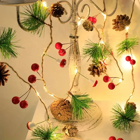 Christmas Forest-Style Decorative String Light | 200cm, 20 Warm White LEDs, Adorned with Pine Needles, Pinecones & Red Berries, Battery-Powered (Batteries Not Included), Hang Anywhere, Creates a Cozy Holiday Atmosphere