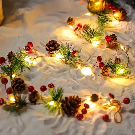 Christmas Forest-Style Decorative String Light | 200cm, 20 Warm White LEDs, Adorned with Pine Needles, Pinecones & Red Berries, Battery-Powered (Batteries Not Included), Hang Anywhere, Creates a Cozy Holiday Atmosphere