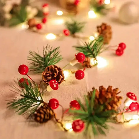 Christmas Forest-Style Decorative String Light | 200cm, 20 Warm White LEDs, Adorned with Pine Needles, Pinecones & Red Berries, Battery-Powered (Batteries Not Included), Hang Anywhere, Creates a Cozy Holiday Atmosphere