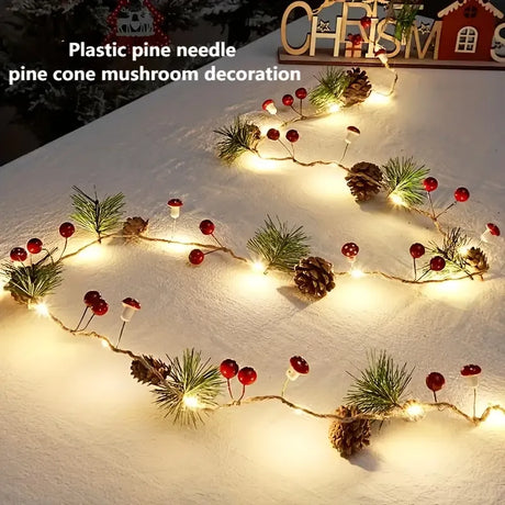 Christmas Forest-Style Decorative String Light | 200cm, 20 Warm White LEDs, Adorned with Pine Needles, Pinecones & Red Berries, Battery-Powered (Batteries Not Included), Hang Anywhere, Creates a Cozy Holiday Atmosphere