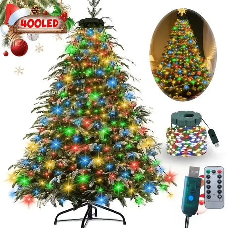 USB Remote Control Christmas Tree Waterfall String Light | Ring Hanging Tool-Free Installation, High-Density LED Starburst Effect, IP44 Waterproof, Fits 4–12ft Trees (Lengbai 1.5m / 200 Lights)