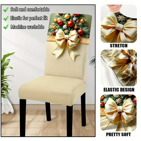 4PCS Christmas Stretch Dining Chair Covers | Snug-Fit Elastic Design, Printed with Ornaments, Snowflakes & Gold Bows, Removable & Machine Washable, Soft Stretch Protective Covers, Ideal for Holiday Gatherings & Home Décor