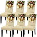 4PCS Christmas Stretch Dining Chair Covers | Snug-Fit Elastic Design, Printed with Ornaments, Snowflakes & Gold Bows, Removable & Machine Washable, Soft Stretch Protective Covers, Ideal for Holiday Gatherings & Home Décor
