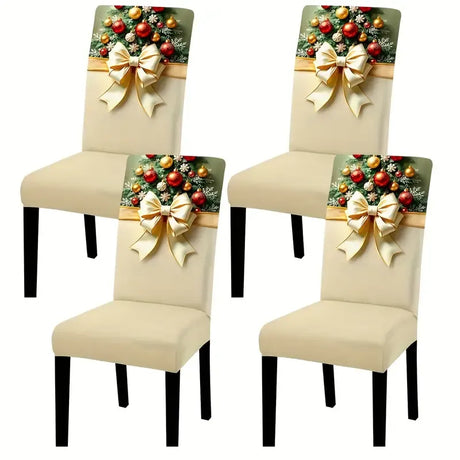 4PCS Christmas Stretch Dining Chair Covers | Snug-Fit Elastic Design, Printed with Ornaments, Snowflakes & Gold Bows, Removable & Machine Washable, Soft Stretch Protective Covers, Ideal for Holiday Gatherings & Home Décor