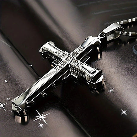 2PCS  Luxurious Rhinestone Cross Necklace, Unisex, Guarding Faith with Cool Shine for Holidays and Daily Wear.silver