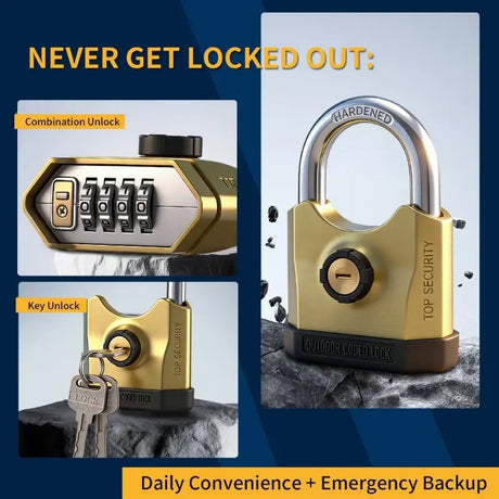 Heavy-duty metal padlock with 3 keys, dual-open design (key and combination unlock), suitable for lock cylinders, doors, factories, warehouses, and home/outdoor use.