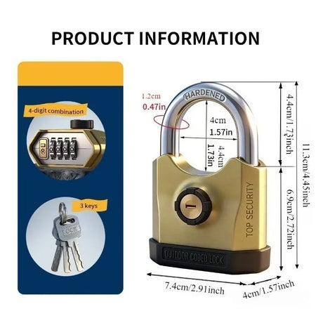 Heavy-duty metal padlock with 3 keys, dual-open design (key and combination unlock), suitable for lock cylinders, doors, factories, warehouses, and home/outdoor use.