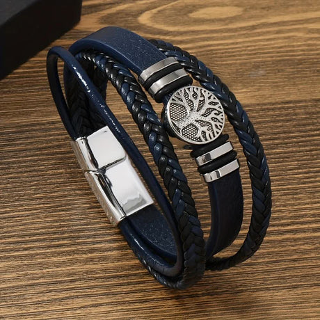 2PCS Handwoven Tree of Life Magnetic Clasp Bracelet, Red-Black Synthetic Leather Double-Layer Design, Vintage Style, Symbolizing Flourishing Life, Ideal for Personal Use or Gifting.