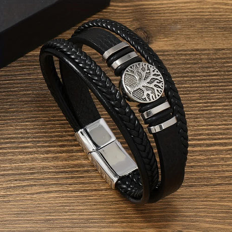 2PCS Handwoven Tree of Life Magnetic Clasp Bracelet, Red-Black Synthetic Leather Double-Layer Design, Vintage Style, Symbolizing Flourishing Life, Ideal for Personal Use or Gifting.