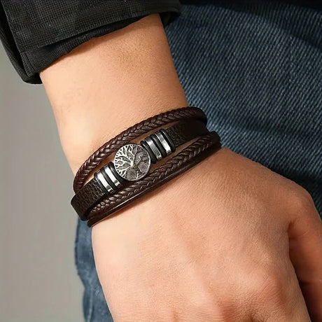 2PCS Handwoven Tree of Life Magnetic Clasp Bracelet, featuring a black synthetic leather double-layer design. Blending vintage charm with contemporary style, it symbolizes flourishing life and is perfect for both personal wear and thoughtful gifting.