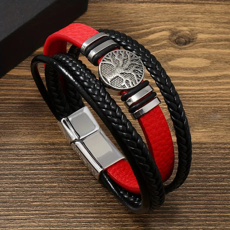 2PCS Handwoven Tree of Life Magnetic Clasp Bracelet, featuring a black synthetic leather double-layer design. Blending vintage charm with contemporary style, it symbolizes flourishing life and is perfect for both personal wear and thoughtful gifting.