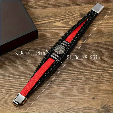 2PCS Handwoven Tree of Life Magnetic Clasp Bracelet, featuring a black synthetic leather double-layer design. Blending vintage charm with contemporary style, it symbolizes flourishing life and is perfect for both personal wear and thoughtful gifting.