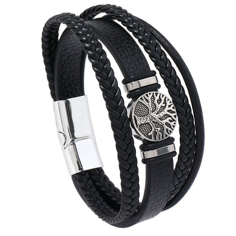 2PCS Handwoven Tree of Life Magnetic Clasp Bracelet, featuring a blue synthetic leather double-layer design. Blending vintage charm with contemporary style, it symbolizes flourishing life and is perfect for both personal wear and thoughtful gifting.