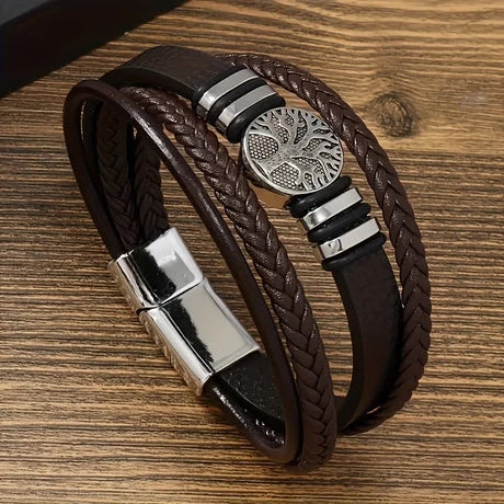 2PCS Handwoven Tree of Life Magnetic Clasp Bracelet, featuring a brown synthetic leather double-layer design. Blending vintage charm with contemporary style, it symbolizes flourishing life and is perfect for both personal wear and thoughtful gifting.