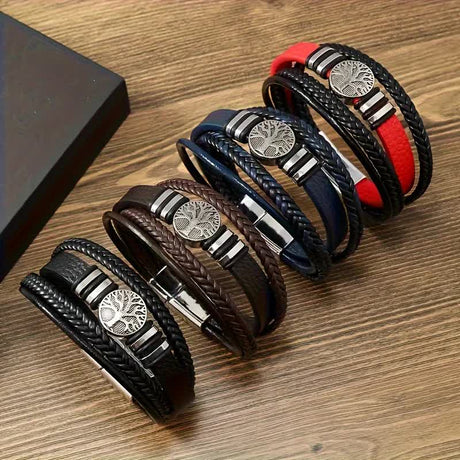 2PCS Handwoven Tree of Life Magnetic Clasp Bracelet, featuring a brown synthetic leather double-layer design. Blending vintage charm with contemporary style, it symbolizes flourishing life and is perfect for both personal wear and thoughtful gifting.