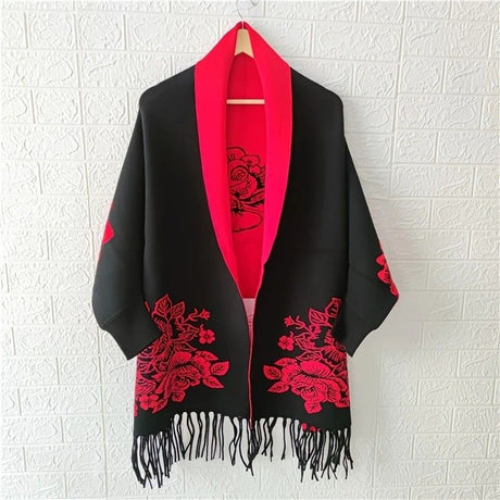Double-sided Jacquard Cheongsam Shawl, Color-Blocked Fringed Cape Design, Autumn/Winter Fashion & Warmth Two-in-One Scarf（red)