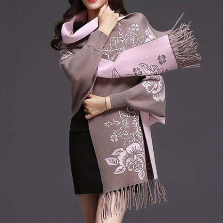 Double-sided Jacquard Cheongsam Shawl, Color-Blocked Fringed Cape Design, Autumn/Winter Fashion & Warmth Two-in-One Scarf(BLACK)