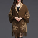 Double-sided Jacquard Cheongsam Shawl, Color-Blocked Fringed Cape Design, Autumn/Winter Fashion & Warmth Two-in-One Scarf(BLACK)