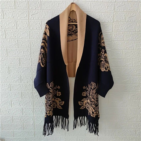 Double-sided Jacquard Cheongsam Shawl, Color-Blocked Fringed Cape Design, Autumn/Winter Fashion & Warmth Two-in-One Scarf(khaki)