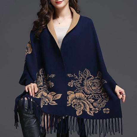 Double-sided Jacquard Cheongsam Shawl, Color-Blocked Fringed Cape Design, Autumn/Winter Fashion & Warmth Two-in-One Scarf(khaki)
