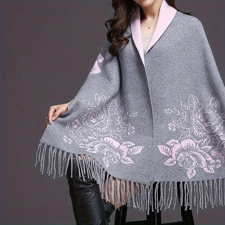 Double-sided Jacquard Cheongsam Shawl, Color-Blocked Fringed Cape Design, Autumn/Winter Fashion & Warmth Two-in-One Scarf(khaki)