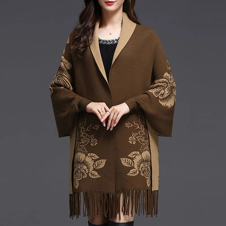 Double-sided Jacquard Cheongsam Shawl, Color-Blocked Fringed Cape Design, Autumn/Winter Fashion & Warmth Two-in-One Scarf(brown)