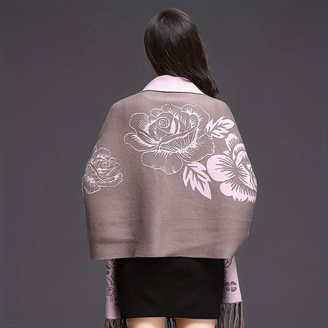 Double-sided Jacquard Cheongsam Shawl, Color-Blocked Fringed Cape Design, Autumn/Winter Fashion & Warmth Two-in-One Scarf(brown)