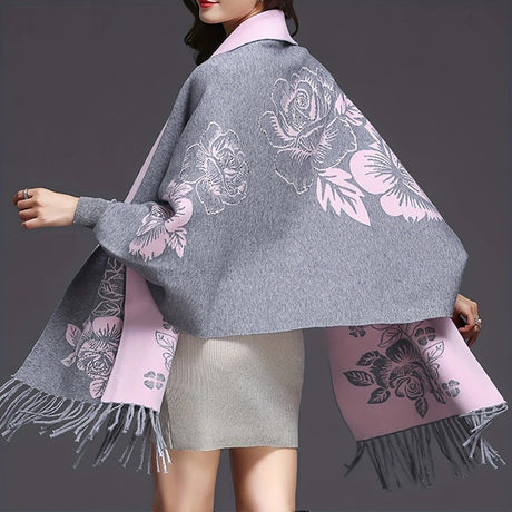 Double-sided Jacquard Cheongsam Shawl, Color-Blocked Fringed Cape Design, Autumn/Winter Fashion & Warmth Two-in-One Scarf(rose-carmine)