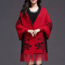 Double-sided Jacquard Cheongsam Shawl, Color-Blocked Fringed Cape Design, Autumn/Winter Fashion & Warmth Two-in-One Scarf(navy blue)